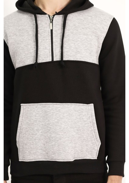 Siyah Çift Renk Kanguru Cep Sweat