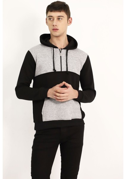 Siyah Çift Renk Kanguru Cep Sweat