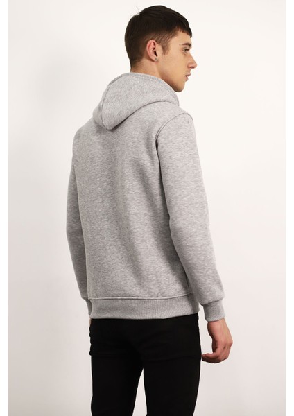 Gri Kapüşonlu Baskılı Sweat