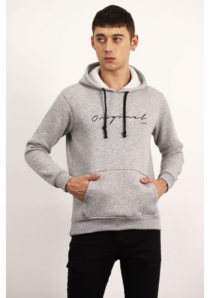 Gri Kapüşonlu Baskılı Sweat