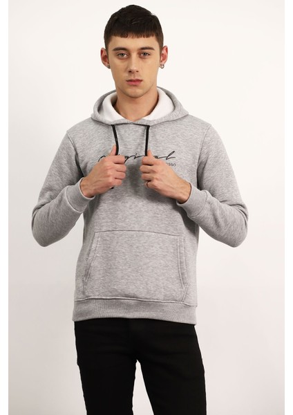 Gri Kapüşonlu Baskılı Sweat