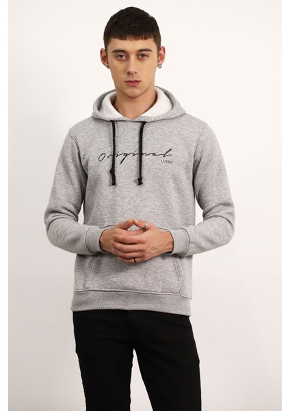 Gri Kapüşonlu Baskılı Sweat