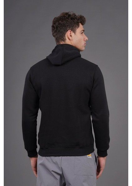 Siyah Kapüşonlu Baskılı Sweat