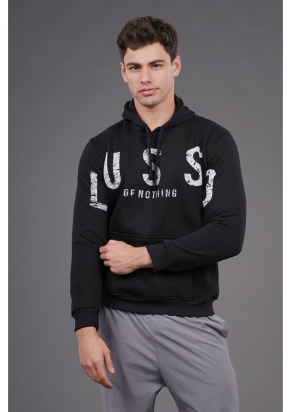 Siyah Kapüşonlu Baskılı Sweat