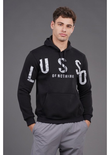 Siyah Kapüşonlu Baskılı Sweat