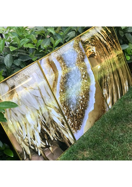 Üçlü Alüminyum Gold Metal Çerçeveli Camlı Tablo Poster Set modelleri