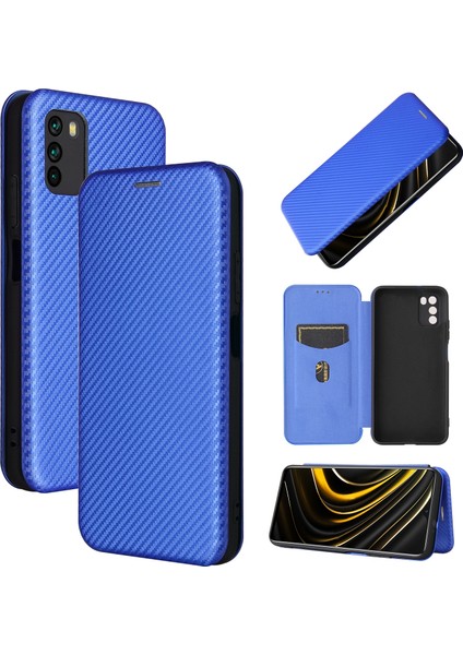 Xiaomi Poco M3 Karbon Fiber Manyetik Pu Kasası Mavisi Için (Yurt Dışından)