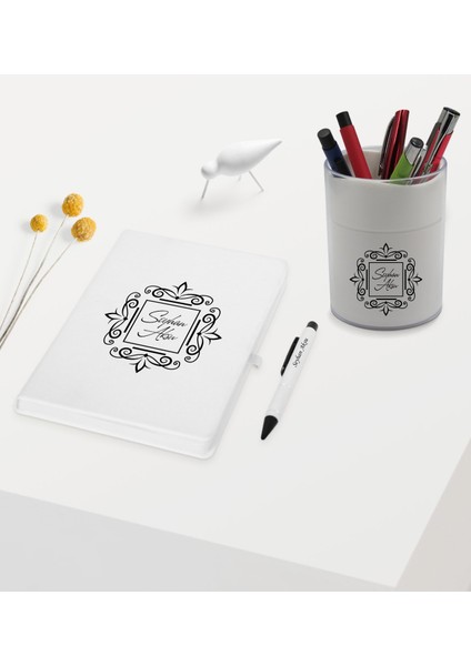 Gift Kişiye Özel Isimli Beyaz Defter Kalem ve Kalemlik Hediye Seti - Model 1