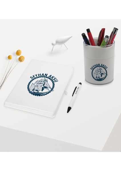Gift Kişiye Özel Gemi Tasarımlı Beyaz Defter Kalem ve Kalemlik Hediye Seti - Model 1