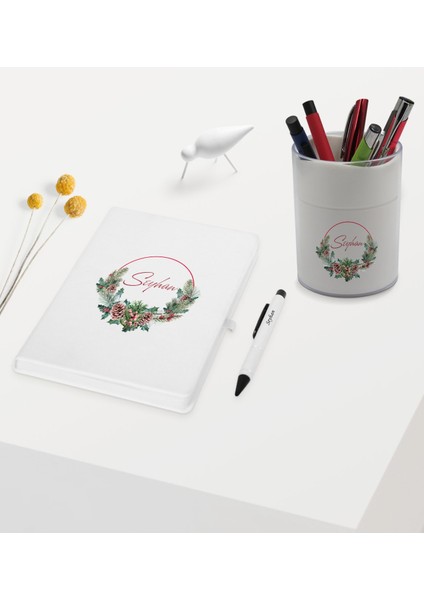 Gift Kişiye Özel Çiçek Tasarımlı Beyaz Defter Kalem ve Kalemlik Hediye Seti - Model 7