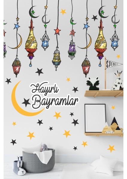 Hayırlı Bayramlar Renkli Fener Sarkıt Cam Duvar Dekorasyon Sticker Seti modelleri