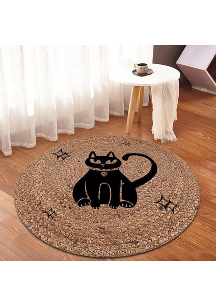 Kedi Desen Jüt Yuvarlak Hasır Halı Yolluk Salon Oda Mutfak Halısı KS-1004