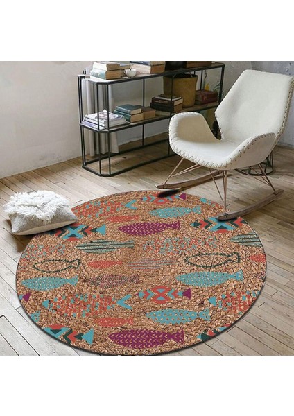 Balık Desen Jüt Yuvarlak Hasır Halı Yolluk Salon Oda Mutfak Halısı KS-1013