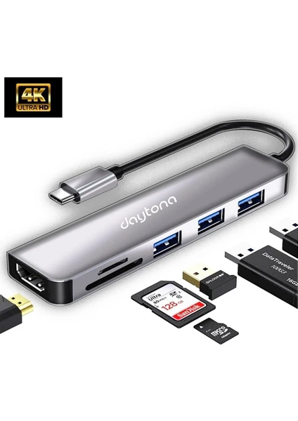 Macbook Uyumlu Type-C to 4K Ultra HD 1080p HDMI 2* USB 3.0 SD TF Kart Okuyucu 5IN1 Çevirici Hub Adaptör-CH13-