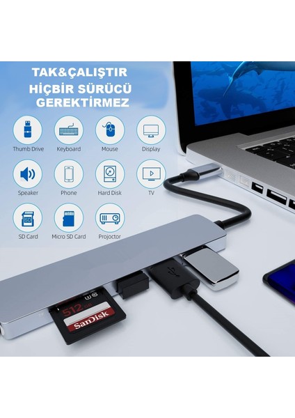 Macbook Uyumlu Type-C to 4K Ultra HD 1080p HDMI 2* USB 3.0 SD TF Kart Okuyucu 5IN1 Çevirici Hub Adaptör