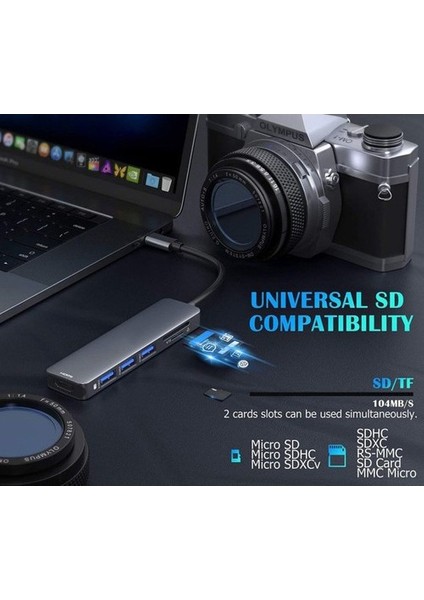 Macbook Uyumlu Type-C to 4K Ultra HD 1080p HDMI 2* USB 3.0 SD TF Kart Okuyucu 5IN1 Çevirici Hub Adaptör