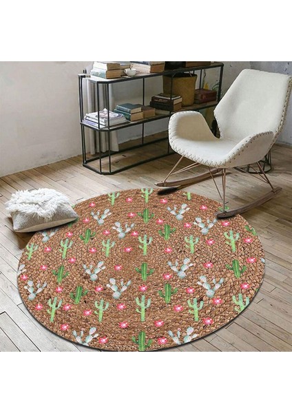 Küçük Kaktüs Desenli Jüt Yuvarlak Hasır Halı Yolluk Salon Oda Mutfak Halısı KS-1030
