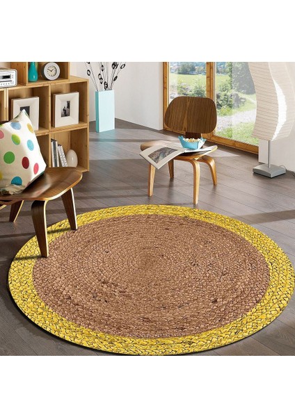 Sarı & Bej Jüt Yuvarlak Hasır Halı Yolluk Salon Oda Mutfak Halısı KS-1050