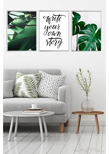 Üçlü Gümüş Alüminyum Motto Yazılı Yeşil Yaprak Tropikal Camlı Çerçeveli Tablo Poster Seti
