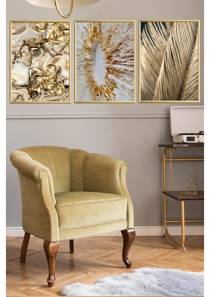 Üçlü Gold Alüminyum Çerçeveli Altın Palmiye Camlı Tablo Poster Seti