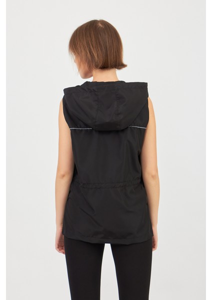 Siyah Mikro Kumaş Yelek Kadın Kapüşonlu Tasarım Yağmur Koruması Sunar indirimleri