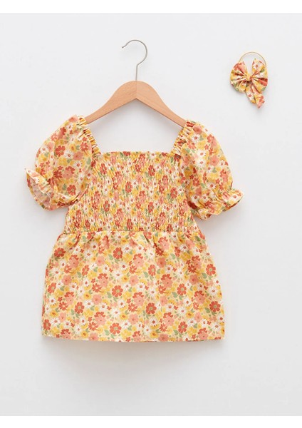 Kare Yaka Baskılı Kısa Kollu Pamuklu Kız Çocuk Bluz ve Toka
