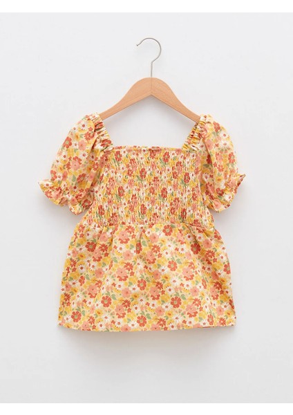 Kare Yaka Baskılı Kısa Kollu Pamuklu Kız Çocuk Bluz ve Toka fiyatları