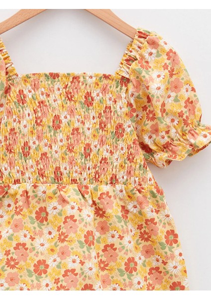 Kare Yaka Baskılı Kısa Kollu Pamuklu Kız Çocuk Bluz ve Toka modelleri