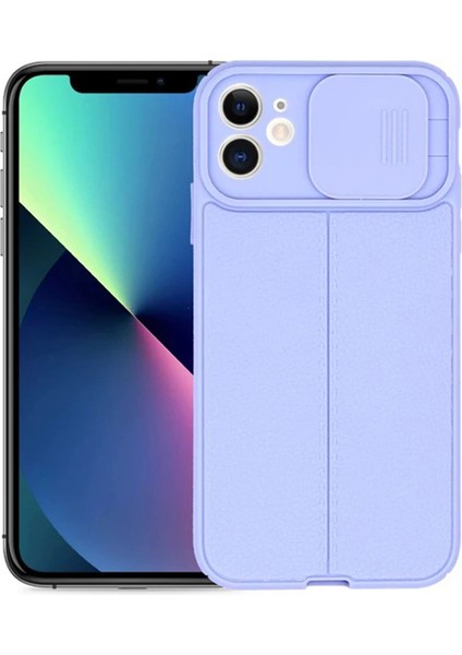 Apple iPhone 11 Kılıf Kamera Sürgülü Deri Dokulu Mat Silikon Mor