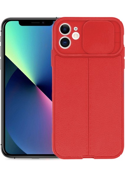 Casestreet Apple iPhone 11 Kılıf Kamera Sürgülü Deri Dokulu Mat Silikon Kırmızı