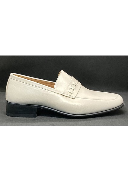 Erkek Krem Bej Bağsız Deri Dikişli Kösele El Yapımı Ayakkabı