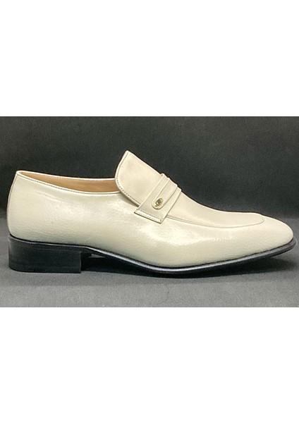 Erkek Krem Bej Tokalı Deri Dikişli Kösele Elyapımı Ayakkabı