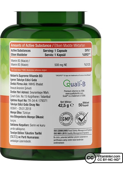 Nature's Supreme Vitamin B3 500 Mg (No Flush) 50 Kapsül