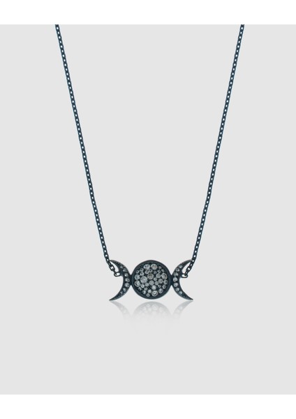 925 Ayar Gümüş – Siyah Kaplama Üçlü Ay (Hecate) Zirkon Taşlı Kolye – El Yapımı