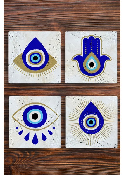 Baskılı Doğal Taş Bardak Altlığı 4'lü Set 10X10X1 cm Nazar Boncuğu Desenli