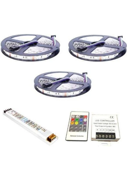 15 Metre Iç Rgb Şerit LED Ultra Slim Trafo Kumanda 3 Çip 5050 Double Pcb 15 mt Iç Set