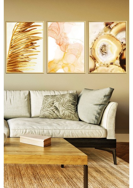 Üçlü Gold Alüminyum Çerçeveli Camlı Tablo Poster Seti
