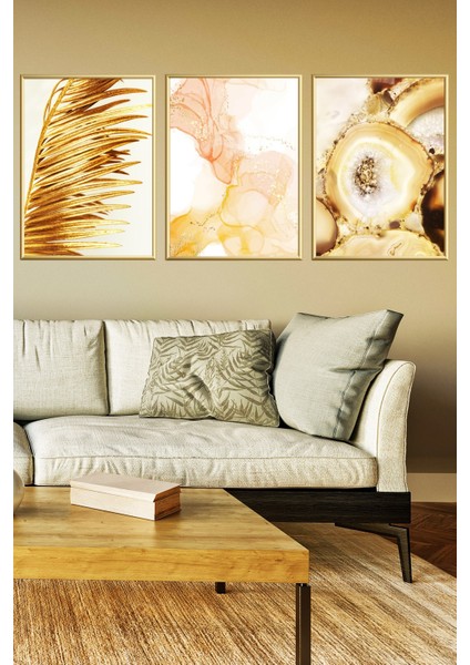 Üçlü Gold Alüminyum Çerçeveli Camlı Tablo Poster Seti