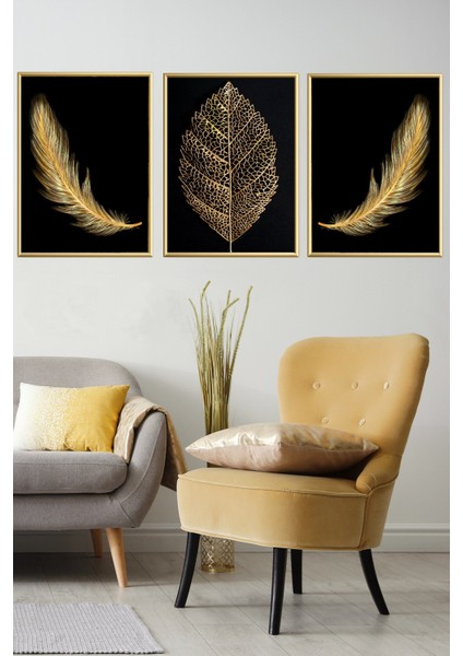 Üçlü Gold Alüminyum Çerçeveli Siyah Altın Tüy Camlı Tablo Poster Seti