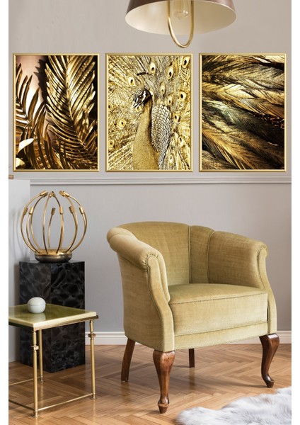 Üçlü Gold Alüminyum Çerçeveli Altın Tavuz Kuşu Camlı Tablo Poster Seti