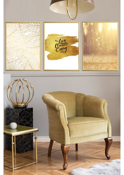 Üçlü Gold Alüminyum Çerçeveli Altın Yaprak Camlı Tablo Poster Seti