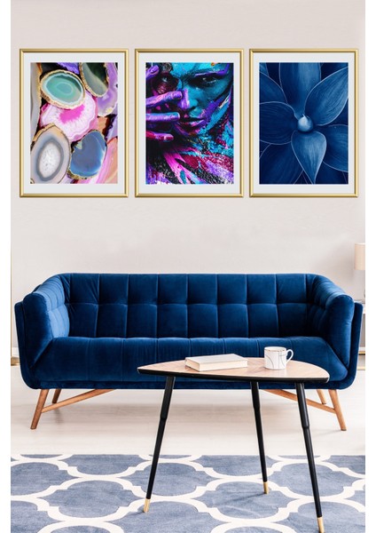 Üçlü Gold Alüminyum Çerçeveli Mavi Çiçek Camlı Tablo Poster Seti