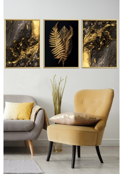 Üçlü Gold Alüminyum Çerçeveli Siyah Altın Yaprak Camlı Tablo Poster Seti