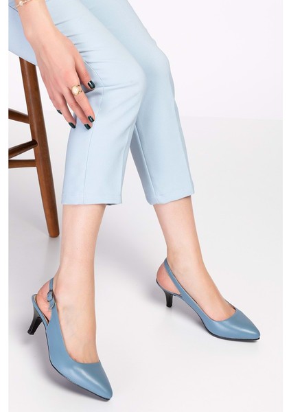 Kadın Hakiki Deri Orta Boy Topuk Stiletto VDT.230 - Mavi - 41
