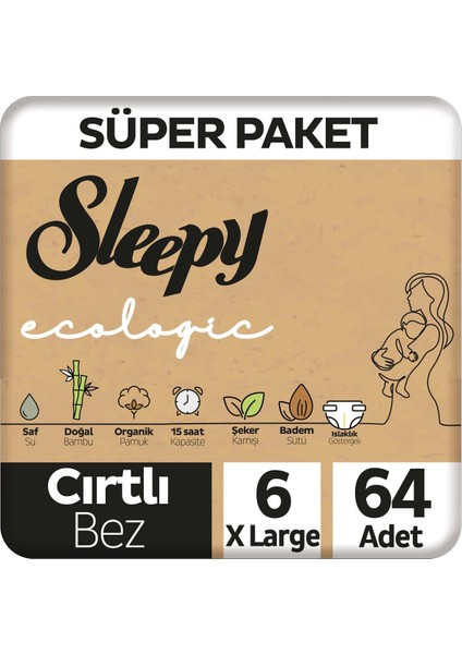 Ecologic Premium Plus Süper Paket Bebek Bezi 6 Numara Xlarge 64 Adet