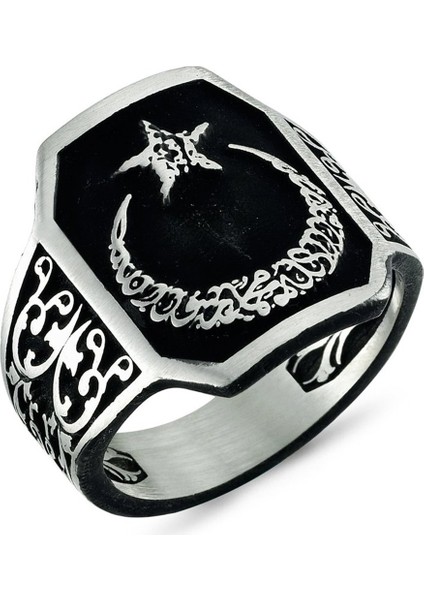 925 Ayar Kelime-I Tevhid Işlemeli Ay Yıldızlı Erkek Yüzük