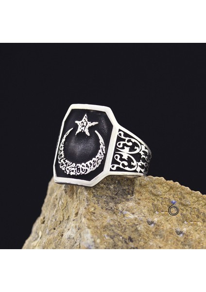 925 Ayar Kelime-I Tevhid Işlemeli Ay Yıldızlı Erkek Yüzük fiyatları