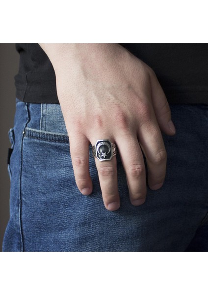 925 Ayar Kelime-I Tevhid Işlemeli Ay Yıldızlı Erkek Yüzük fırsatları