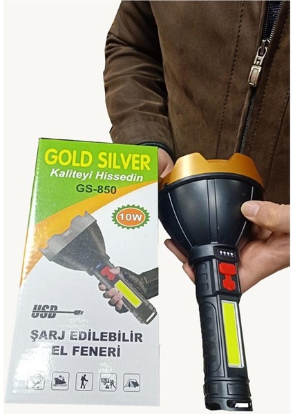 Gold Silver  GS-850 USB Girişli 10W- Uzun Menzilli - USB Şarjlı - Flaşörlü El Feneri