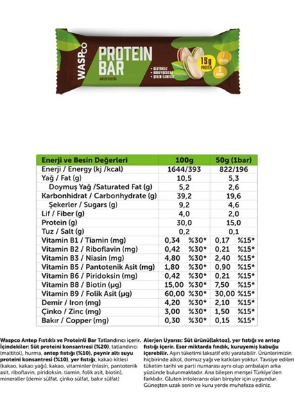 Waspco Antep Fıstıklı Yüksek Protein Bar 50G